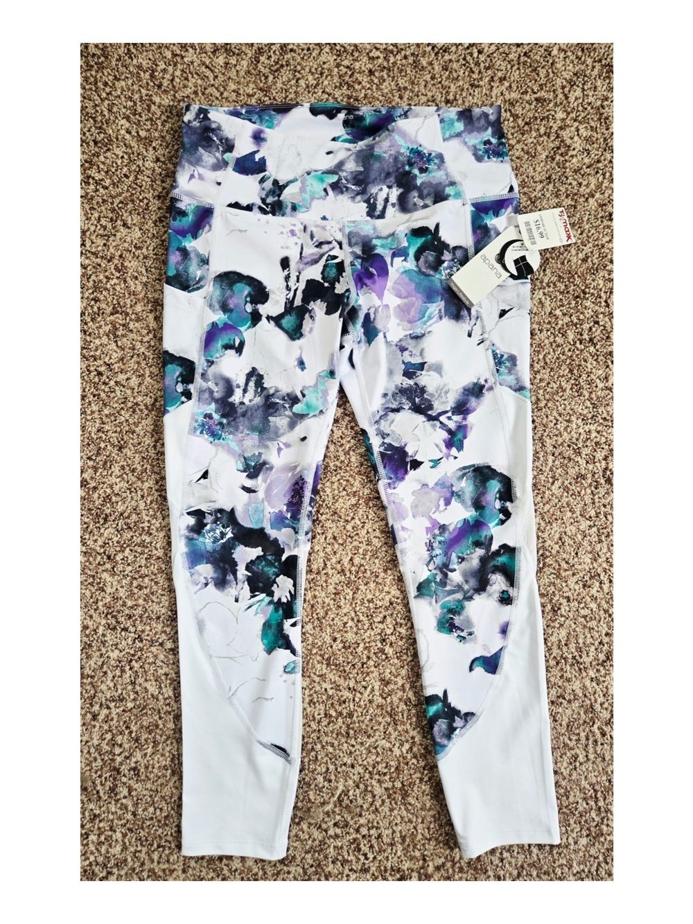 Apana White Leggings with Teal, Purple & Black Watercolor Print